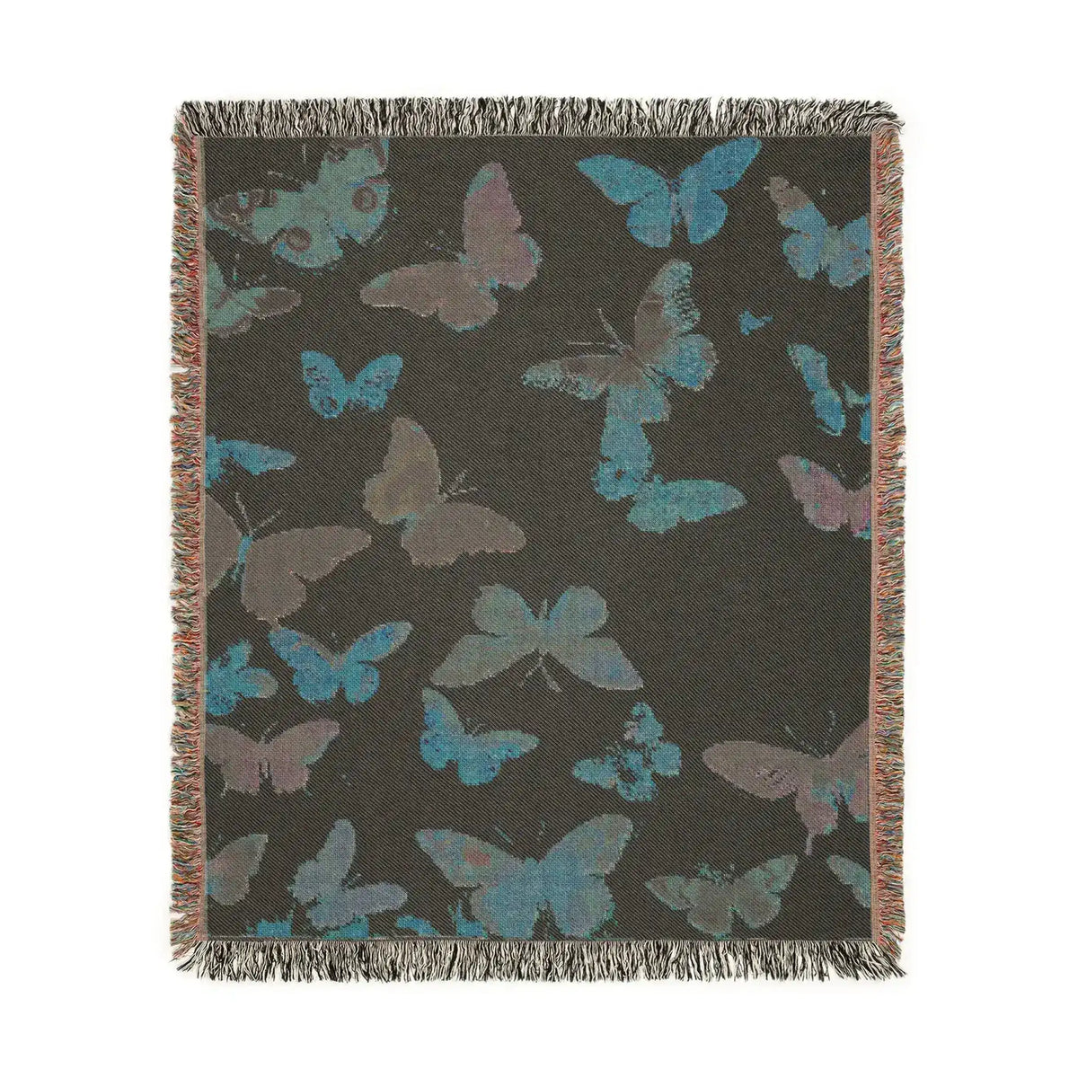Vibrant Butterfly Woven Blanket charcoal back with scattered teal and gray butterfly silhouettes and fringed edging all around