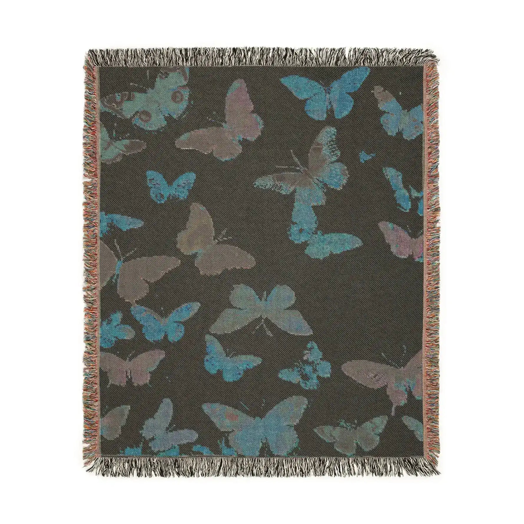 Vibrant Butterfly Woven Blanket charcoal back with scattered teal and gray butterfly silhouettes and fringed edging all around