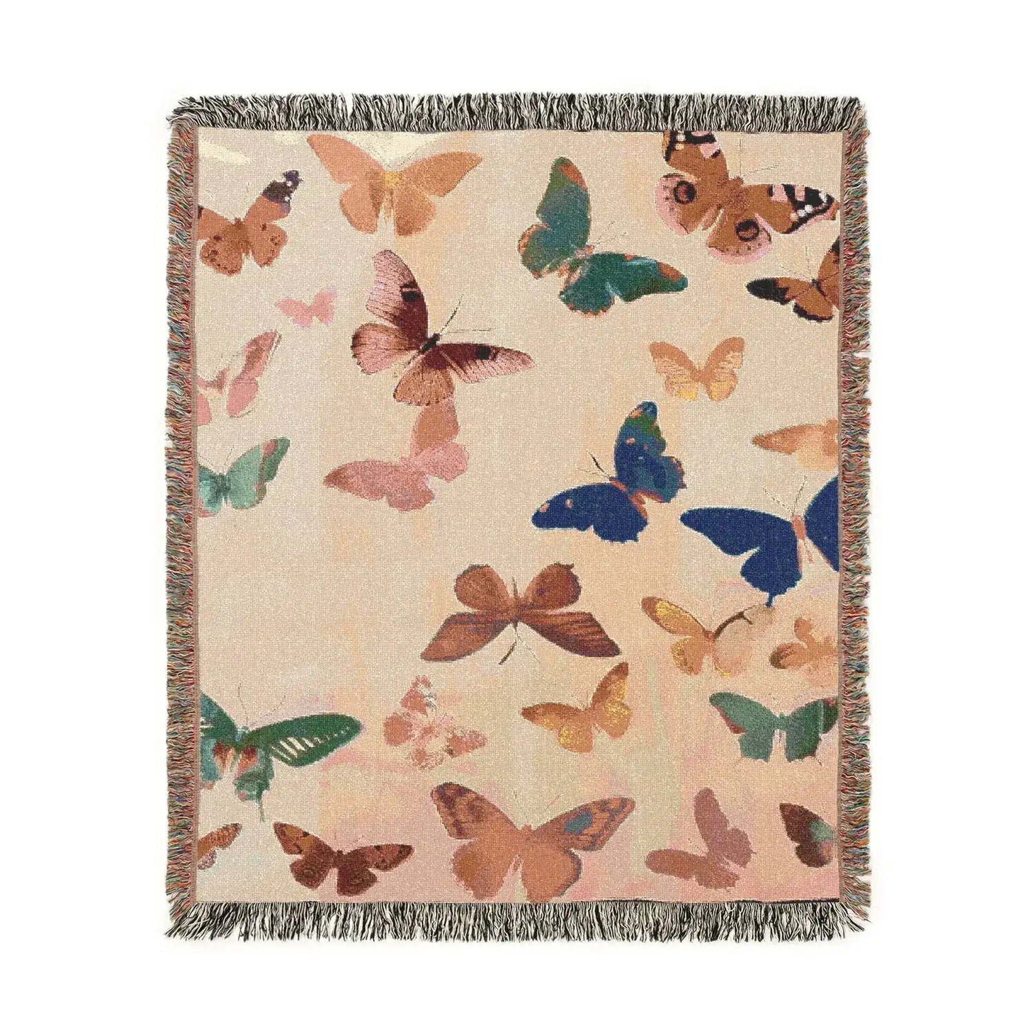 Vibrant Butterfly Woven Blanket displayed in bathroom showing golden hen with round sunglasses, pearl necklace, floral embroidered collar on dark background