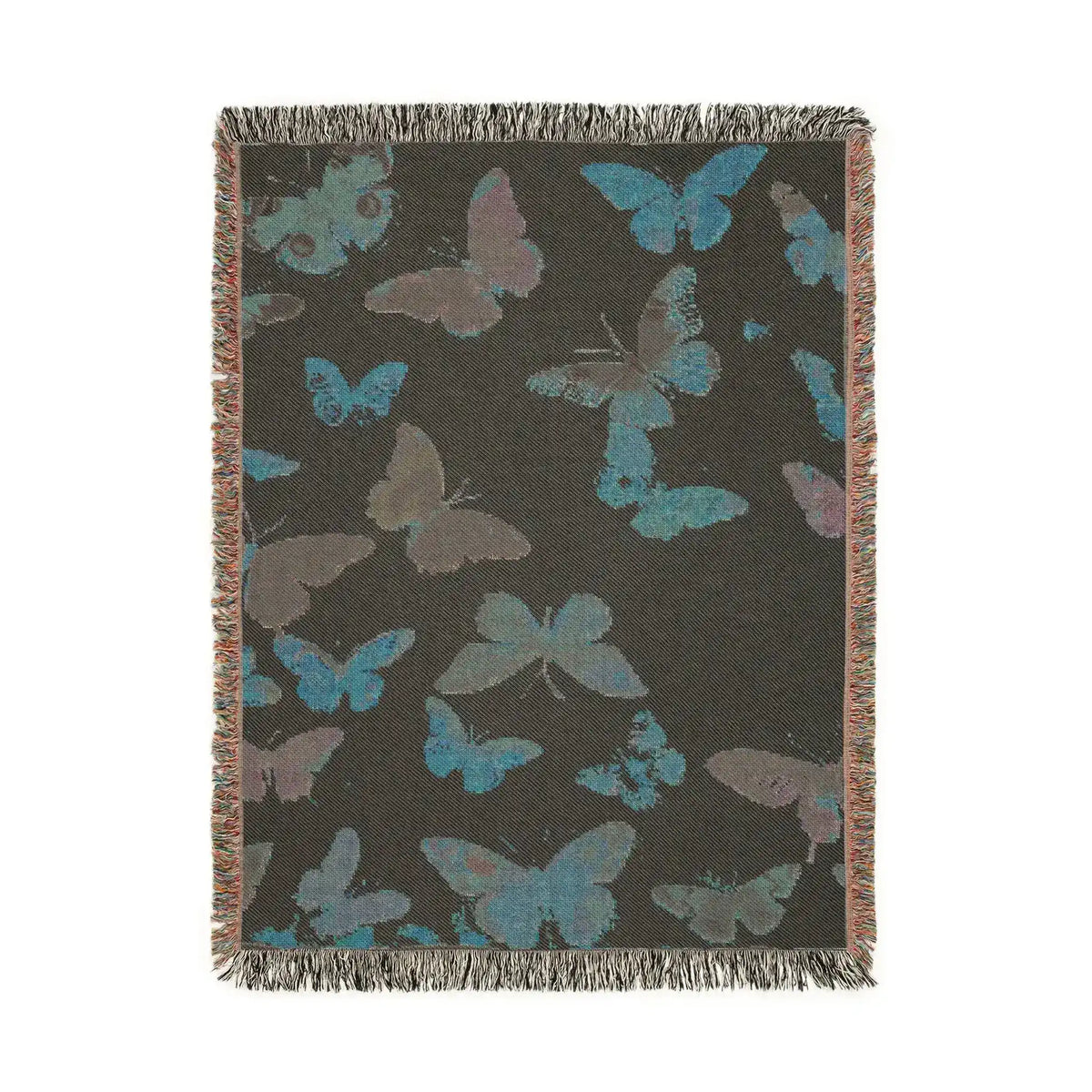 Vibrant Butterfly Woven Blanket hung on clothesline displaying a proud lion in round dark sunglasses and ornate red-gold baroque jacket on dark background