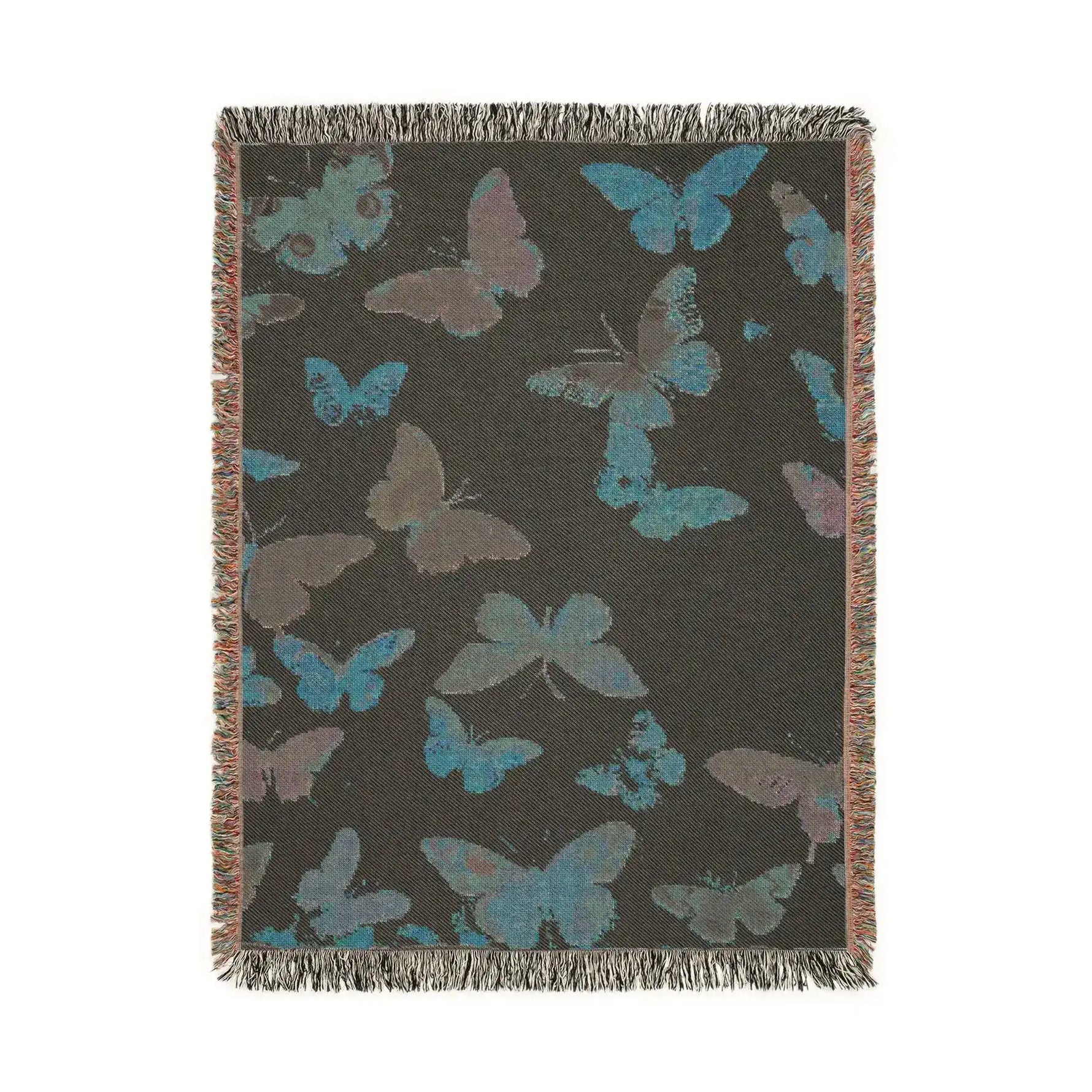 Vibrant Butterfly Woven Blanket hung on clothesline displaying a proud lion in round dark sunglasses and ornate red-gold baroque jacket on dark background