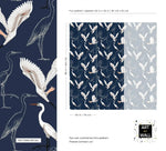 Navy crane silhouette wallpaper detail and size guide showing pattern repeat dimensions