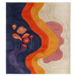 Top view of the Vibrant Currents Hand Tufted Wool Rug, showcasing an abstract design with bold, colorful waves and floral patterns. This area rug is perfect for adding a splash of color to any living room, especially in an 8x10 size.