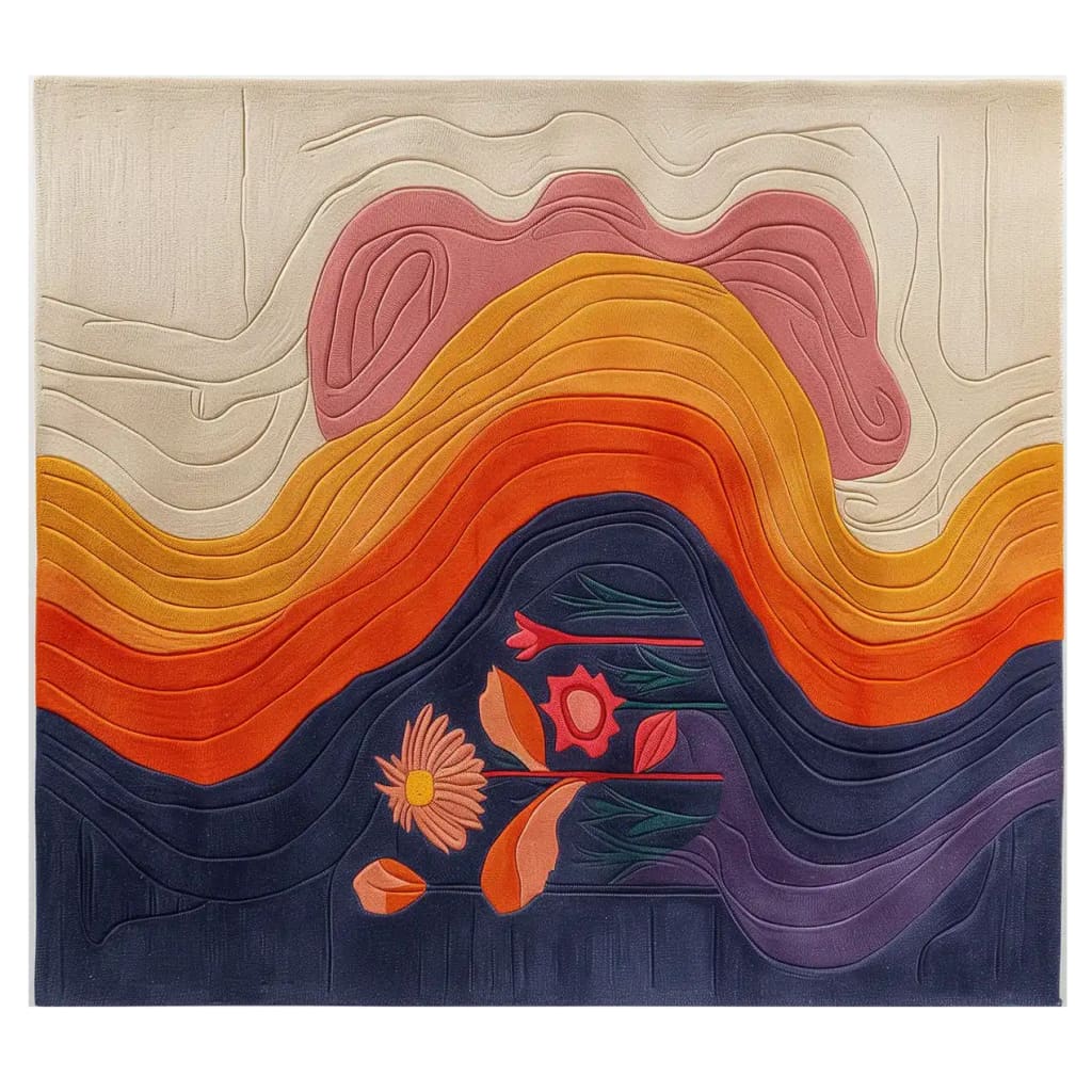 Top view of a vibrant hand-tufted wool area rug featuring an abstract design with flowing waves of pink, orange, and yellow hues, accented by floral motifs. Ideal for adding a splash of color to rugs for living rooms, especially in an 8x10 size.
