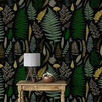 Vibrant fern canopy wallpaper, green ferns and ginkgo on black with rustic console table and lamp