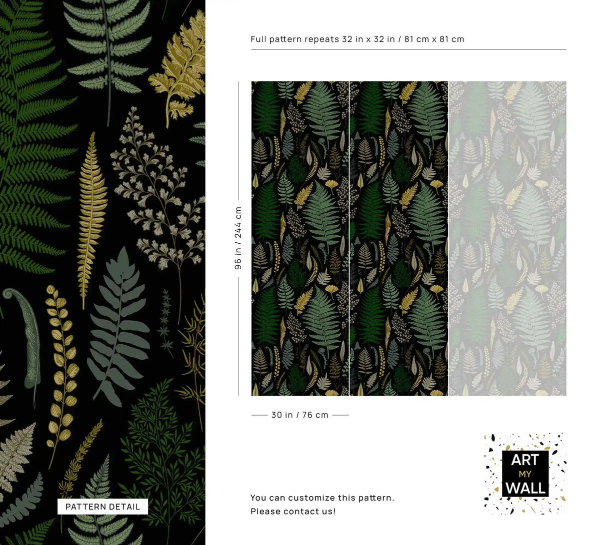 Vibrant fern canopy wallpaper spec sheet with detailed fern fronds and panel repeat dimensions
