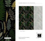 Vibrant fern canopy wallpaper spec sheet with detailed fern fronds and panel repeat dimensions