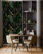 Vibrant fern canopy wallpaper spec sheet with detailed fern fronds and panel repeat dimensions