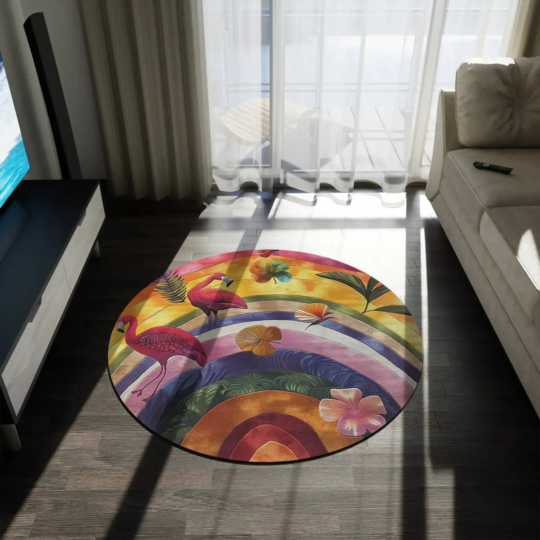 Flamingo Rainbow Round Rug close-up on dark floor showing pink flamingos, rainbow arcs and tropical leaf details