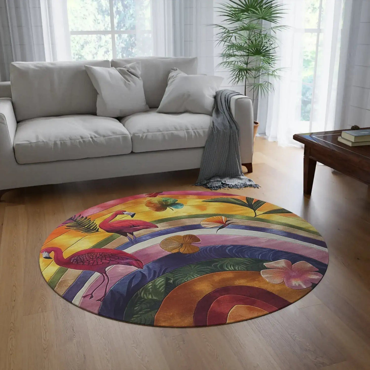 Flamingo Rainbow Round Rug in a lifestyle room with tropical-toned decor, pink flamingos on rainbow arcs visible