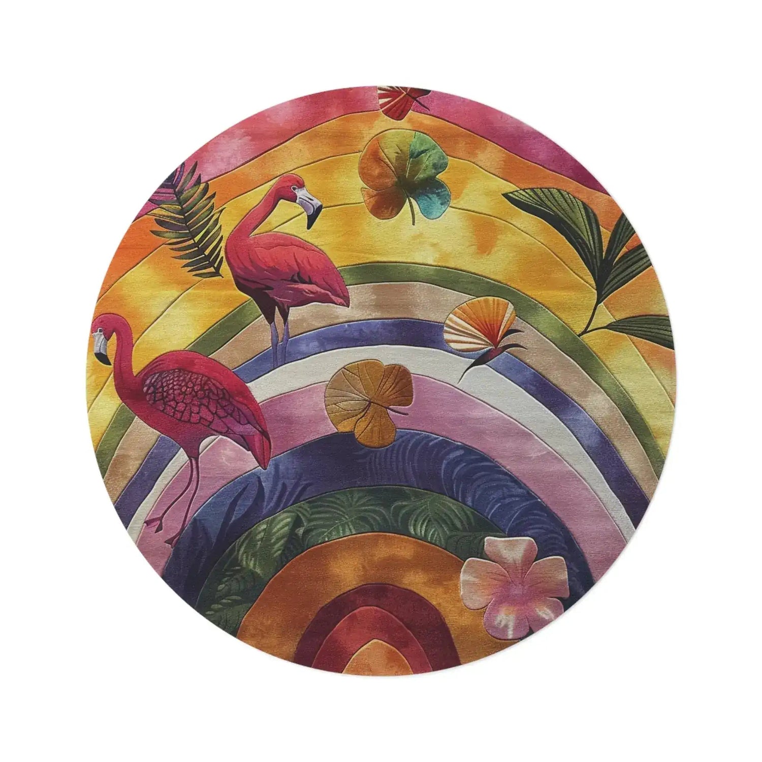 Vibrant Flamingo Rainbow Round Rug flat lay, two pink flamingos on concentric rainbow arcs with tropical leaves and hibiscus