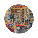 Vibrant Floral Deco Round Rug featuring illustrated eclectic bohemian living room with gallery wall, bookshelves, plants, and red sofa