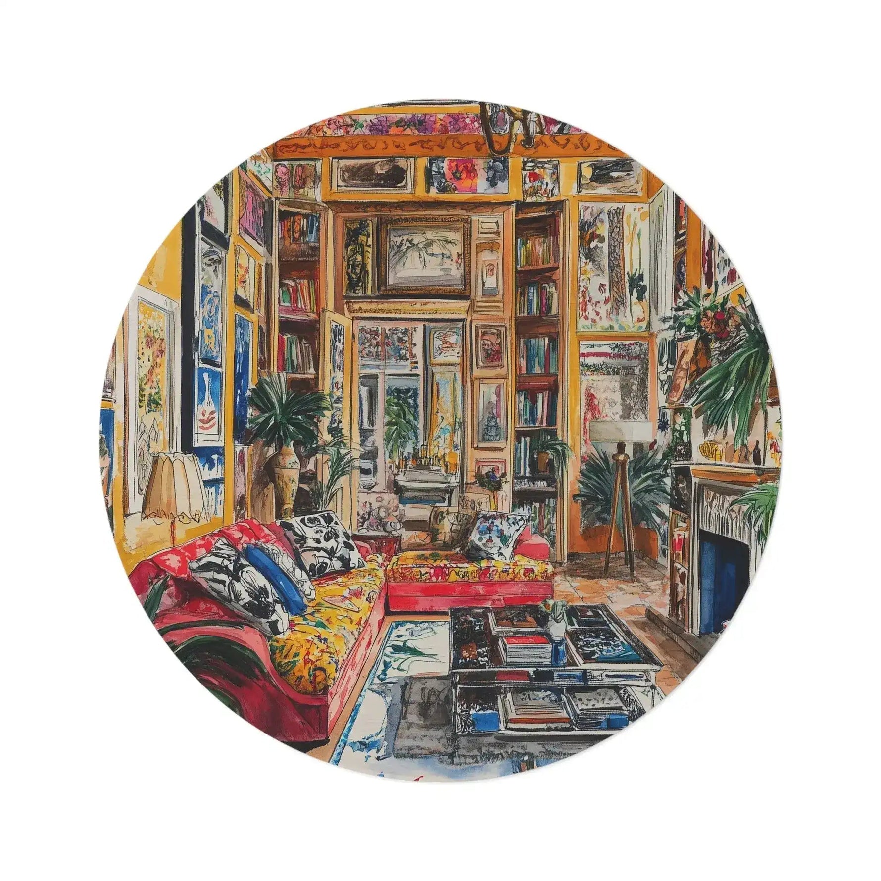 Vibrant Floral Deco Round Rug featuring illustrated eclectic bohemian living room with gallery wall, bookshelves, plants, and red sofa