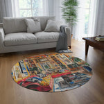 Vibrant Floral Deco Round Rug in bright living room with grey sofa and palm plant, eclectic gallery wall interior design visible from above