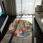 Vibrant Floral Deco Round Rug in dark living room with TV stand and sofa, bohemian illustrated interior design visible on dark grey carpet