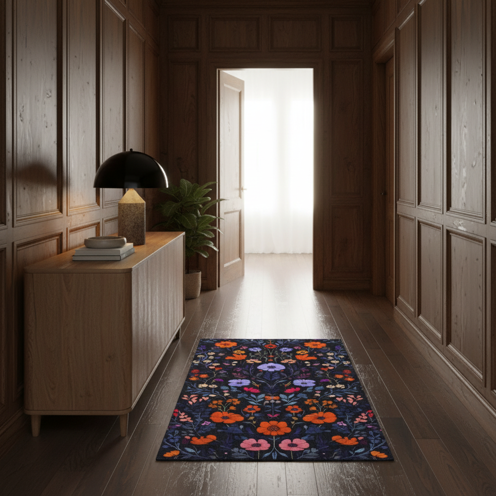 A rectangular area rug with a colorful floral pattern on a dark navy background, placed on a dark wood floor in a hallway with wood-paneled walls.