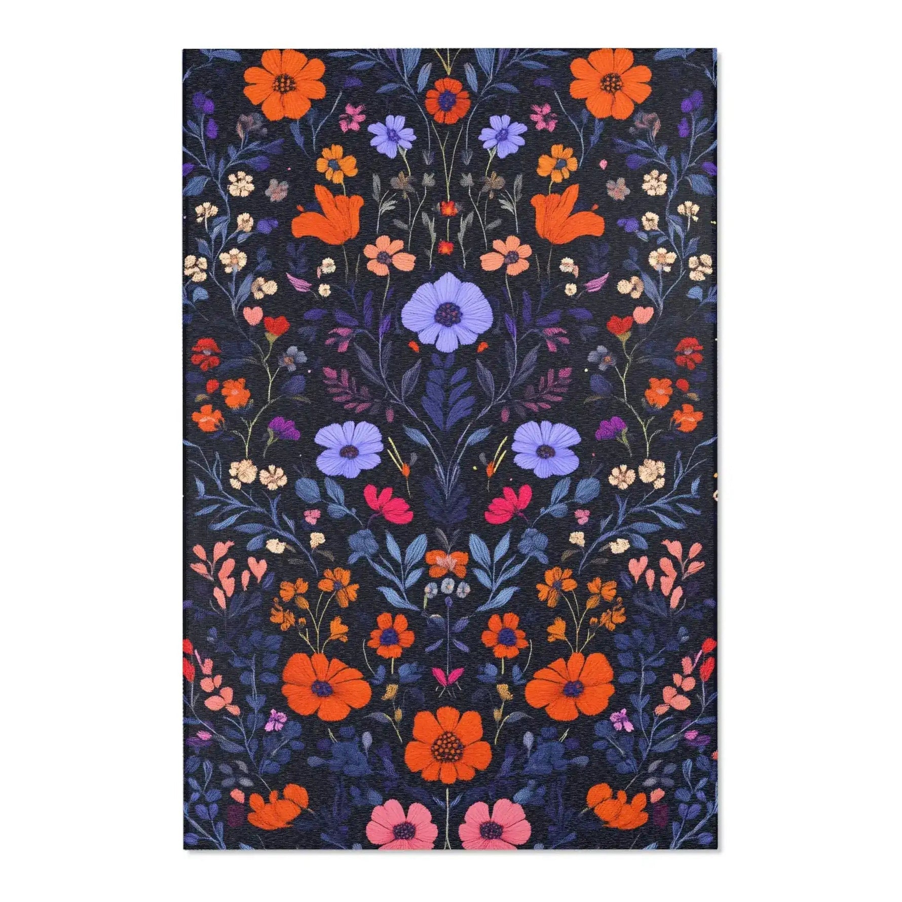 Dense wildflower embroidered pattern on deep navy ground with orange marigolds, purple cosmos, pink and white blooms, Vibrant Floral Embroidered Accent Rug flat view