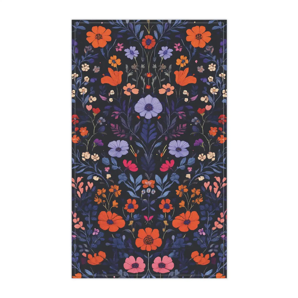 Dark navy Vibrant Floral Embroidered Cotton Kitchen Towel flat portrait with dense orange, lavender and pink wildflower botanical pattern