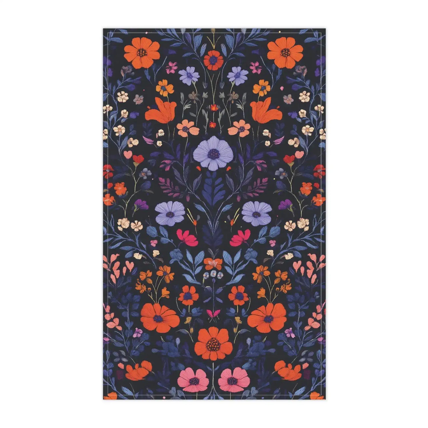 Dark navy Vibrant Floral Embroidered Cotton Kitchen Towel flat portrait with dense orange, lavender and pink wildflower botanical pattern