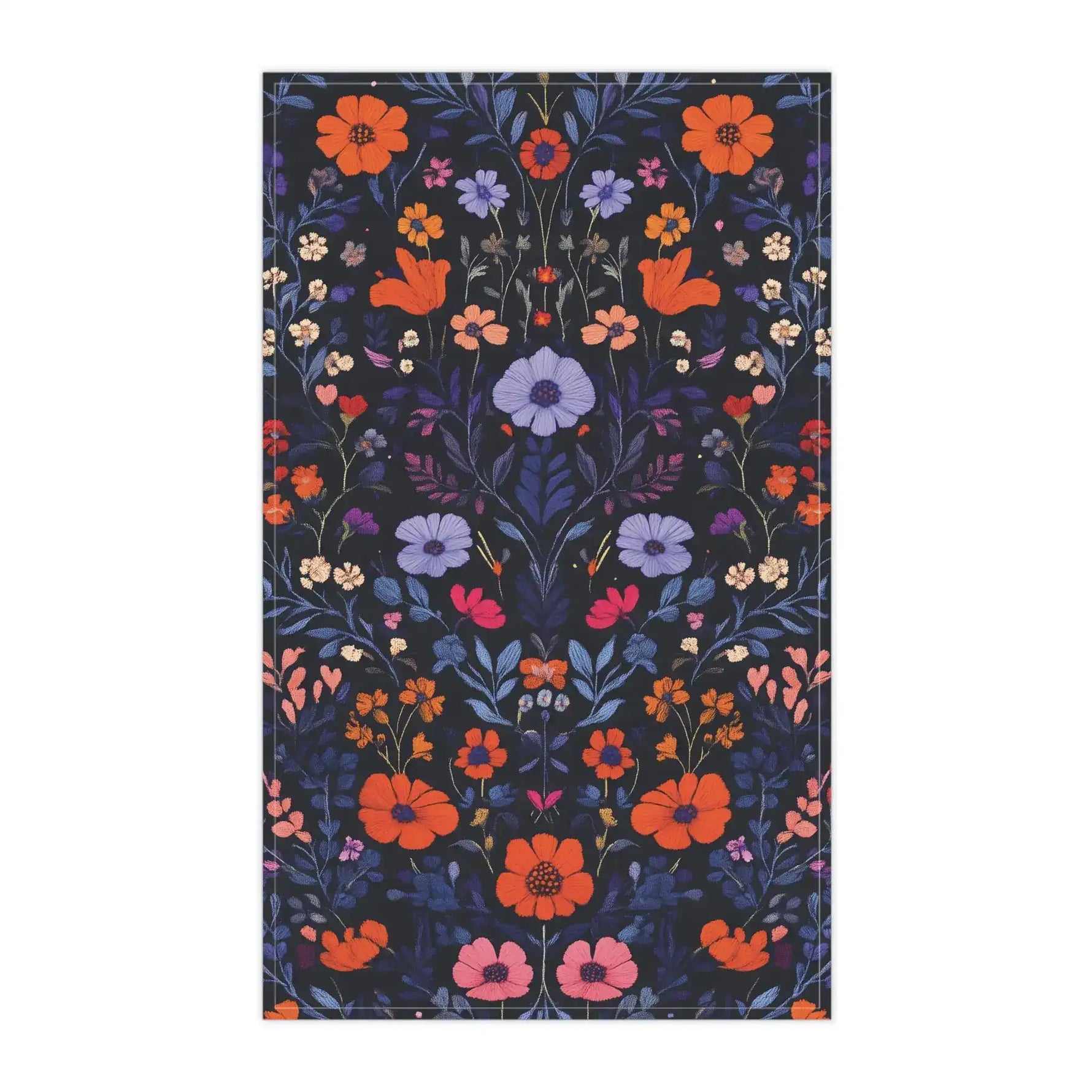 Dark navy Vibrant Floral Embroidered Cotton Kitchen Towel flat portrait with dense orange, lavender and pink wildflower botanical pattern