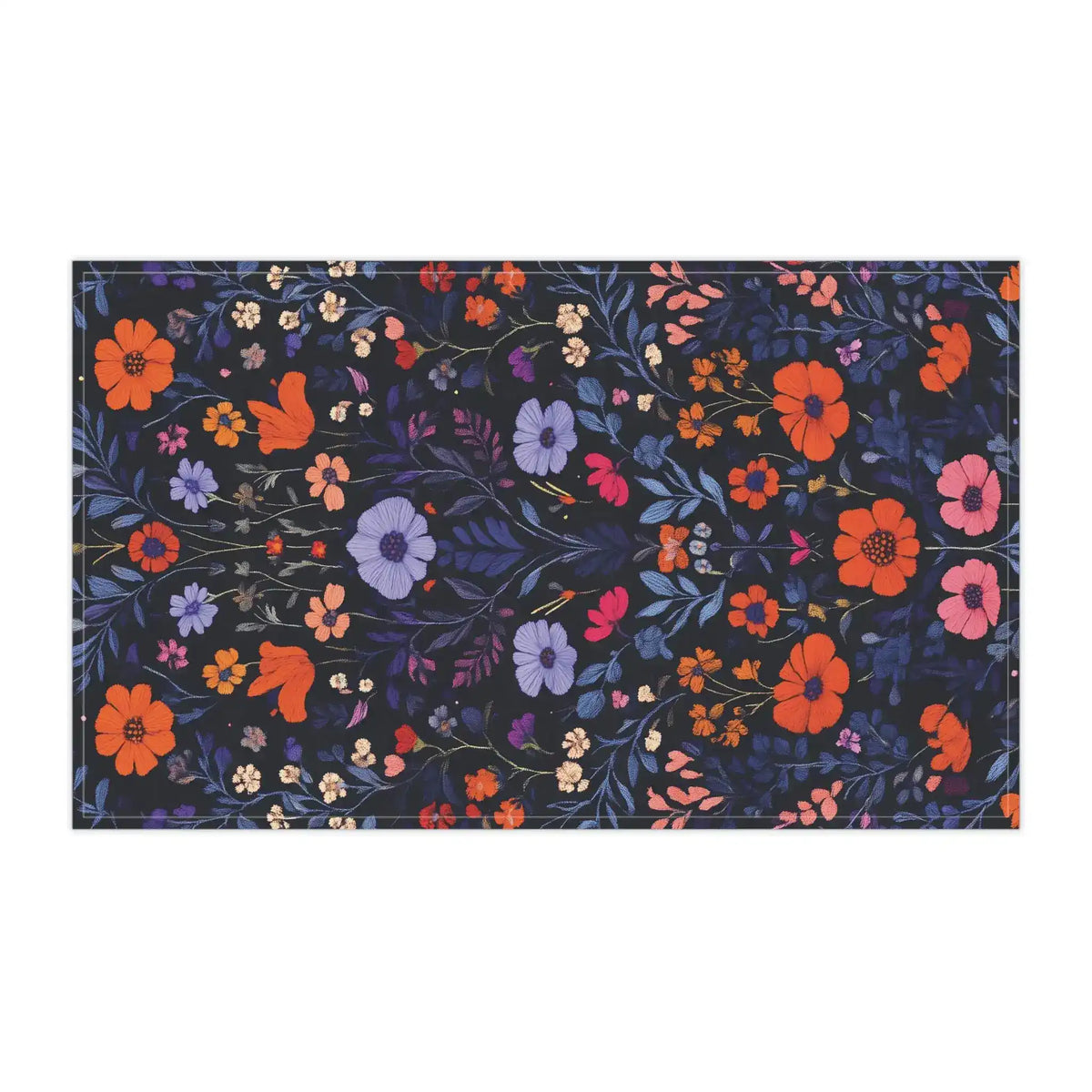 Vibrant Floral Embroidered Cotton Kitchen Towel flat landscape view with orange, lavender and pink flowers on deep navy ground