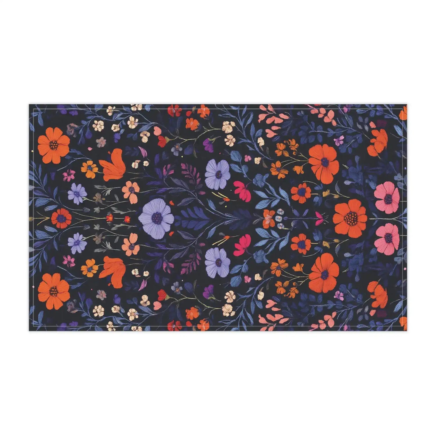 Vibrant Floral Embroidered Cotton Kitchen Towel flat landscape view with orange, lavender and pink flowers on deep navy ground