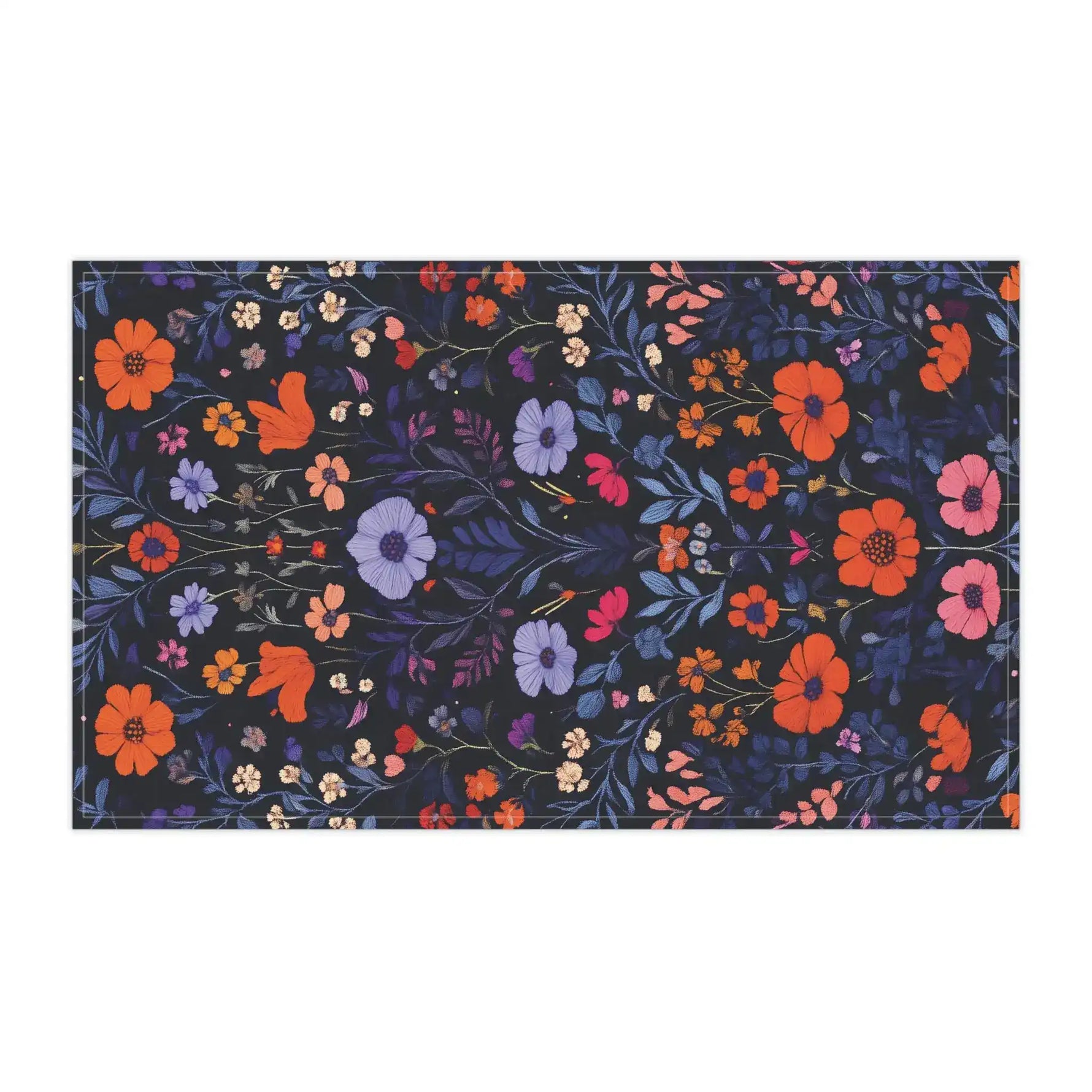 Vibrant Floral Embroidered Cotton Kitchen Towel flat landscape view with orange, lavender and pink flowers on deep navy ground