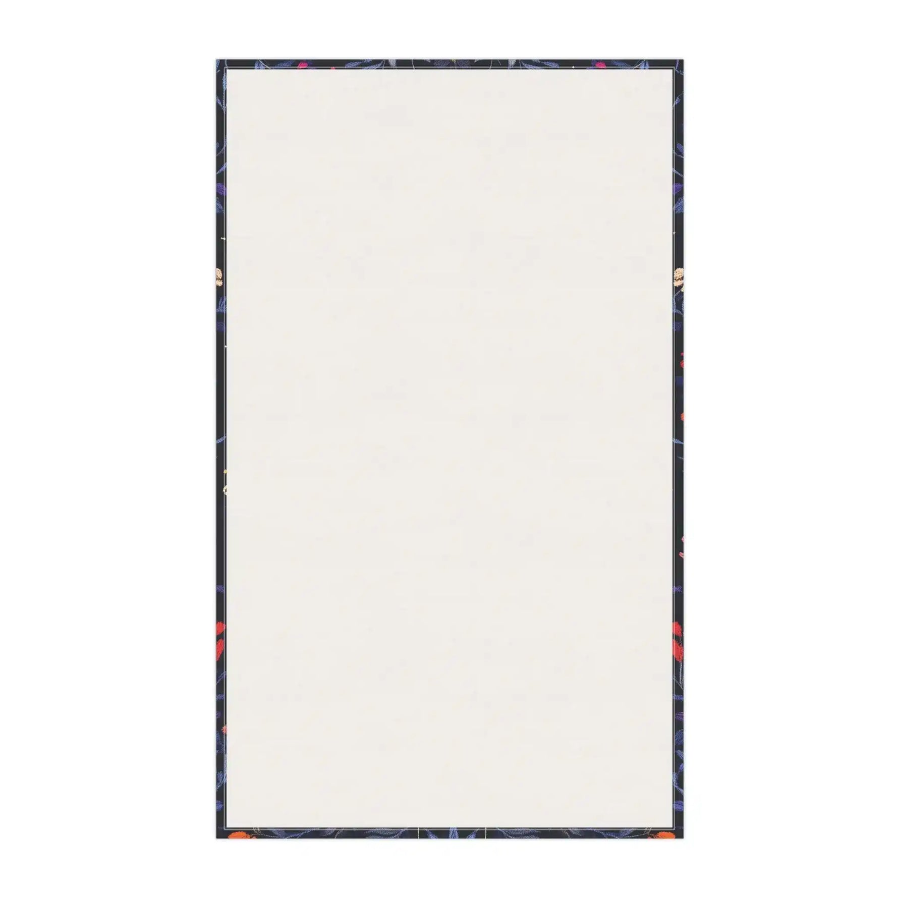 Reverse side of Vibrant Floral Embroidered Cotton Kitchen Towel showing white cotton face bordered by dark floral print trim
