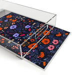 Angled Vibrant Floral Embroidered Serving Tray with floral arrangement inside, orange and pink wildflowers on navy visible
