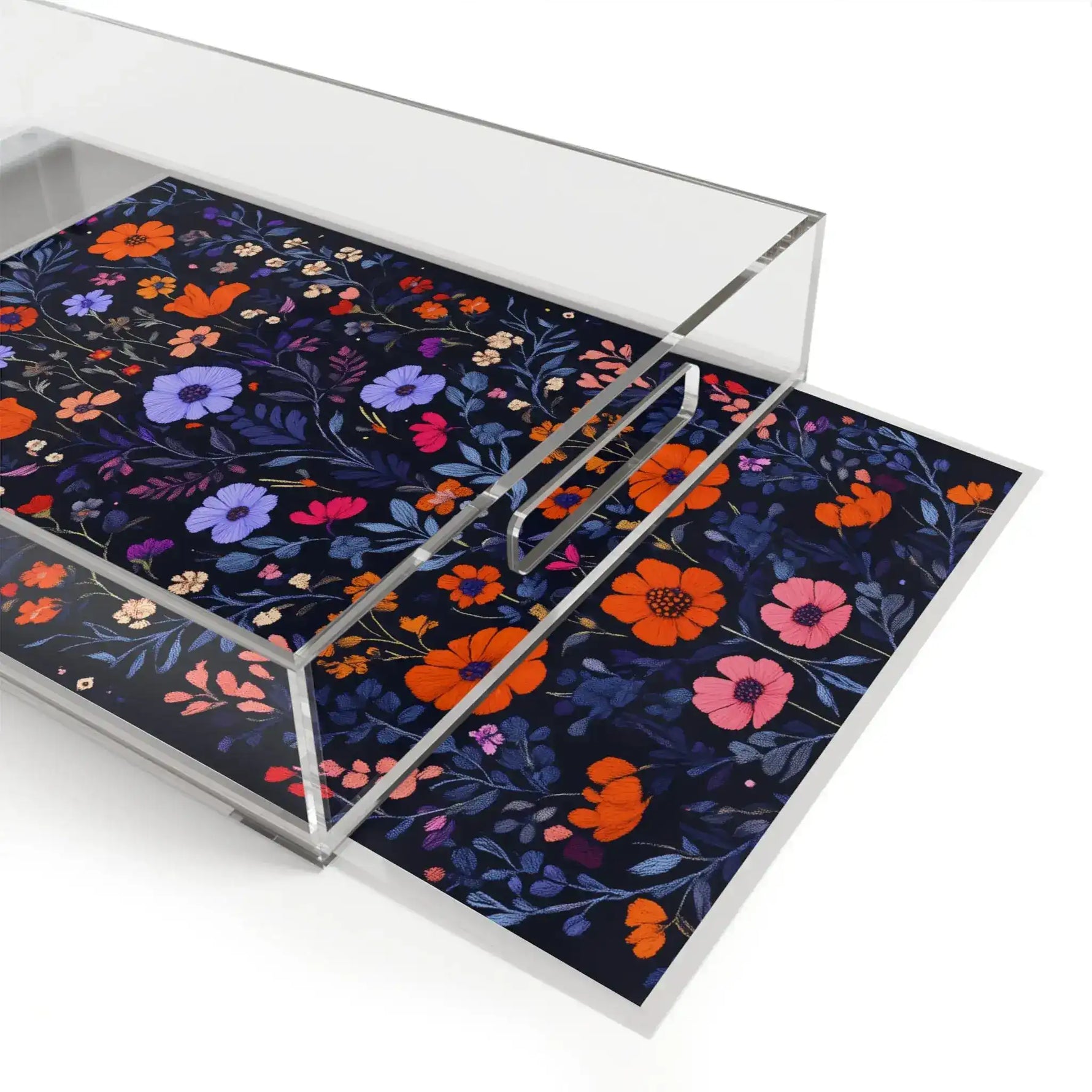 Angled Vibrant Floral Embroidered Serving Tray with floral arrangement inside, orange and pink wildflowers on navy visible