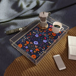 Vibrant Floral Embroidered Serving Tray on dark wood among botanicals and candles, moody lifestyle with dark floral print
