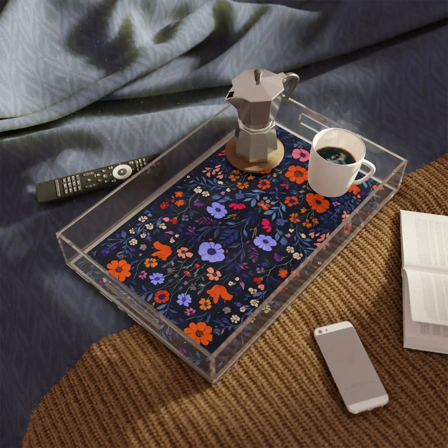 Vibrant Floral Embroidered Serving Tray on dark wood among botanicals and candles, moody lifestyle with dark floral print