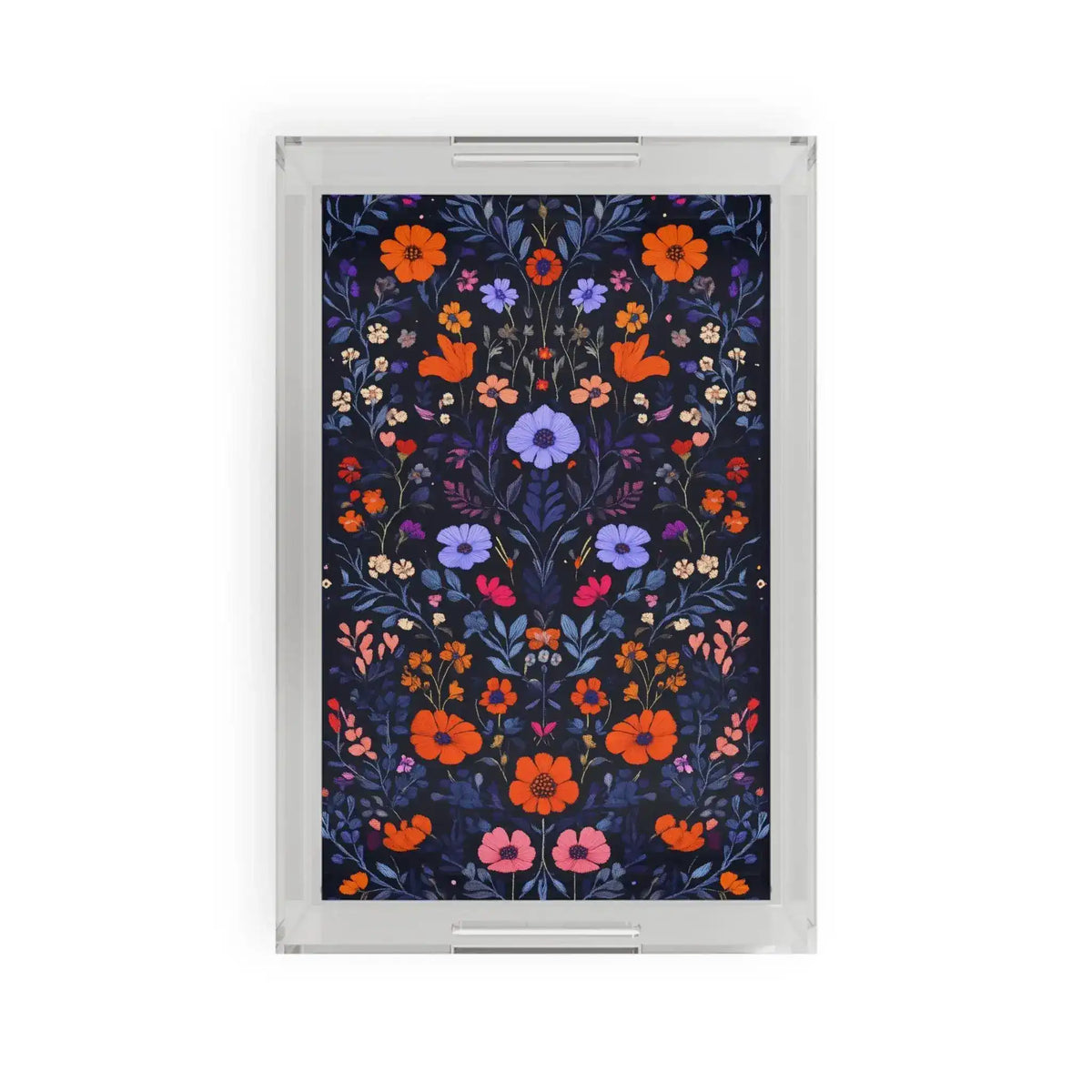Clear acrylic Vibrant Floral Embroidered Serving Tray with dense orange, purple and pink wildflowers on dark navy ground