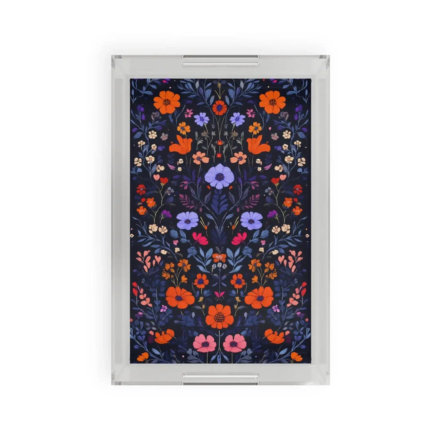 Clear acrylic Vibrant Floral Embroidered Serving Tray with dense orange, purple and pink wildflowers on dark navy ground