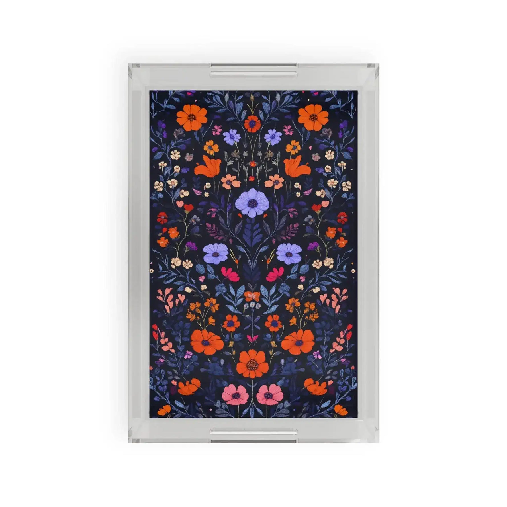 Clear acrylic Vibrant Floral Embroidered Serving Tray with dense orange, purple and pink wildflowers on dark navy ground