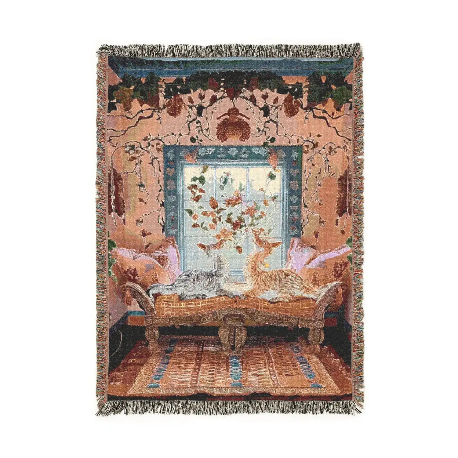 Woven tapestry blanket depicting two cats lounging on an ornate chaise near a window in a floral bohemian room, fringed border on the Vibrant Floral and Feline Woven Blanket