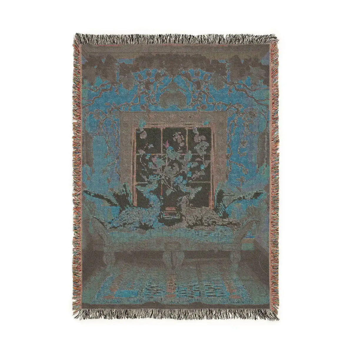 Dark teal-grey woven version of the Vibrant Floral and Feline Woven Blanket showing cats on ornate chaise in botanical room with fringed border