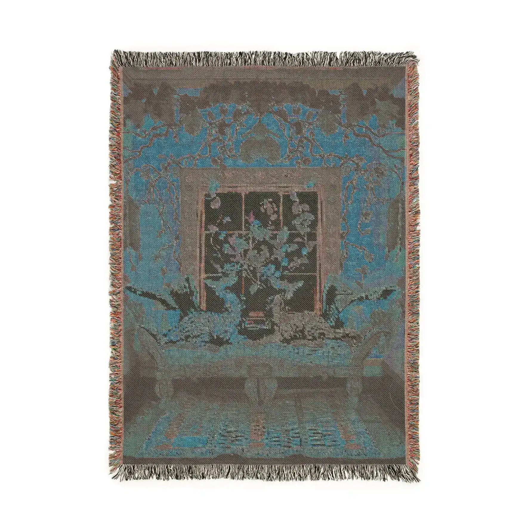 Dark teal-grey woven version of the Vibrant Floral and Feline Woven Blanket showing cats on ornate chaise in botanical room with fringed border