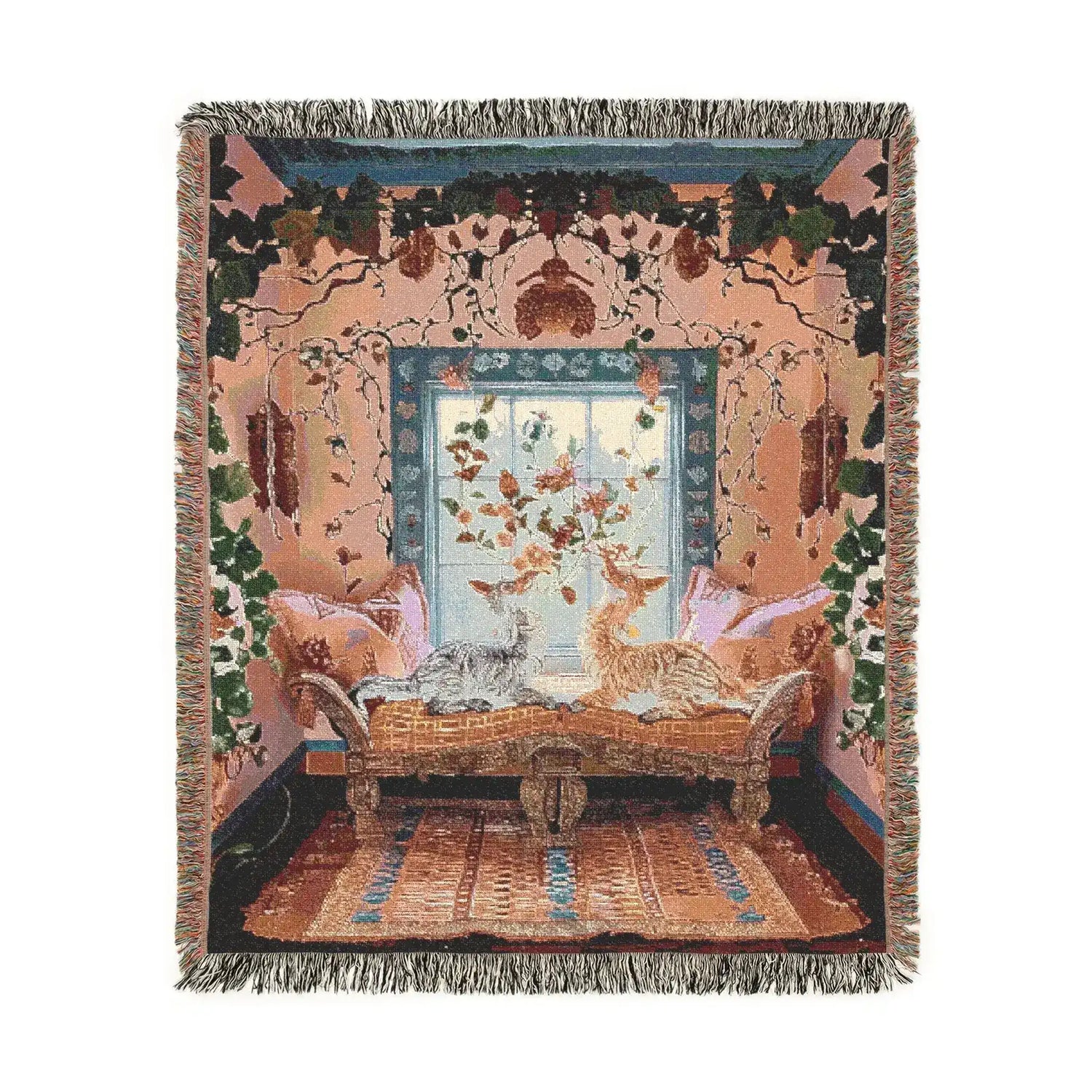 Folded corner of the Vibrant Floral and Feline Woven Blanket showing bold blue and white abstract organic blob pattern with grey anti-slip backing