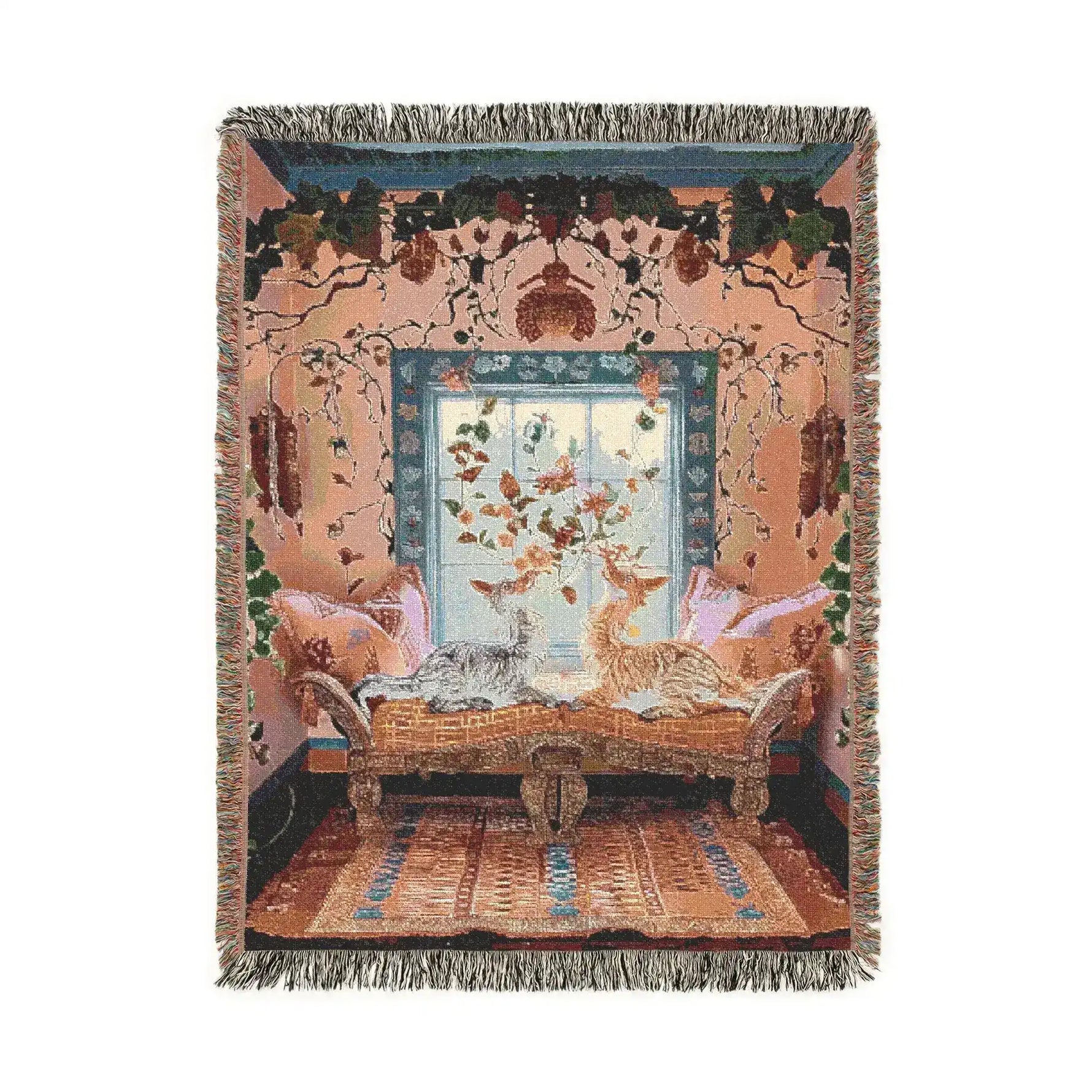 Full woven tapestry view of cats resting on a gilded chaise in a peach floral-wallpapered room with fringe edge on the Vibrant Floral and Feline Woven Blanket