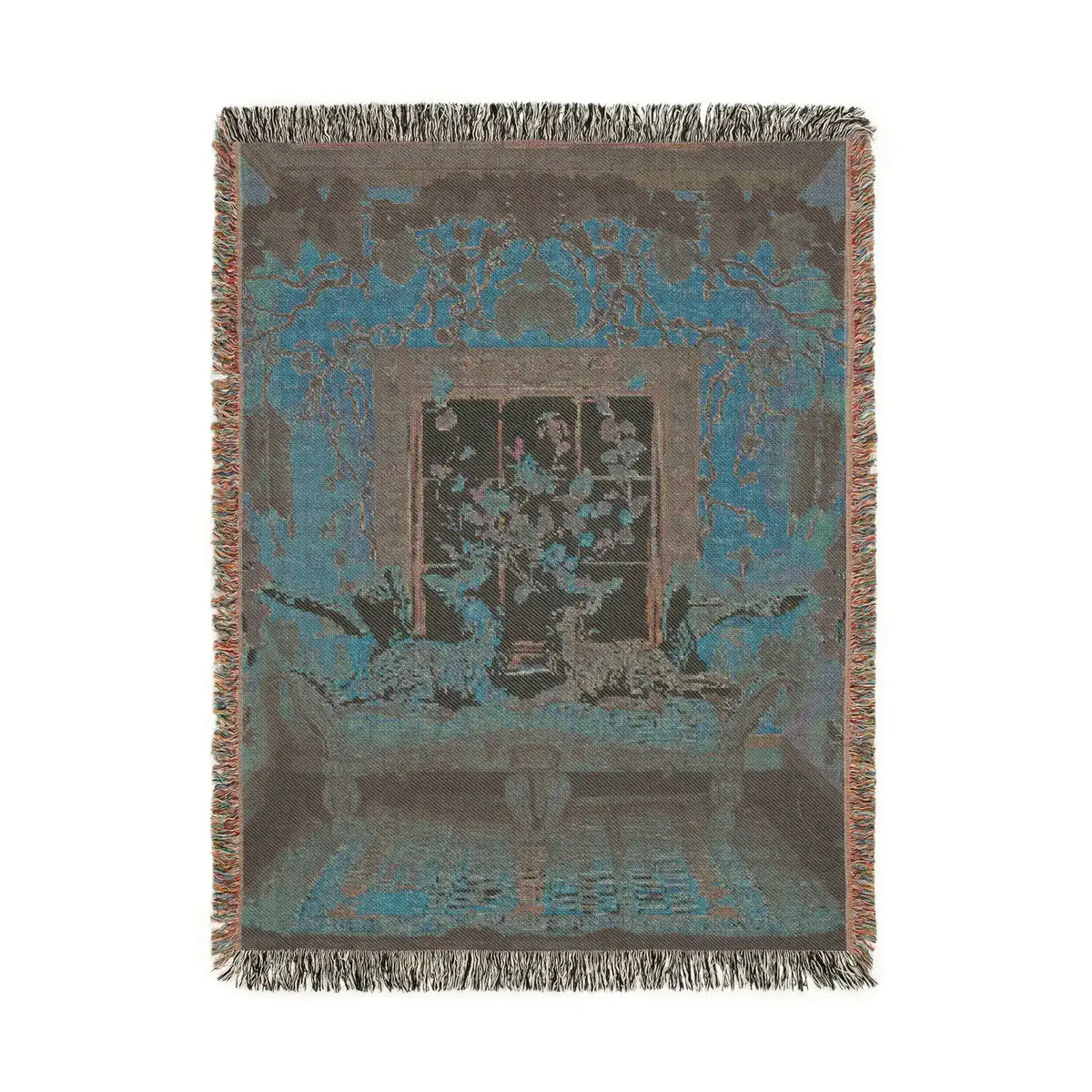 Portrait-format dark teal-grey woven version of cats lounging on chaise in a floral room with knotted fringe on the Vibrant Floral and Feline Woven Blanket
