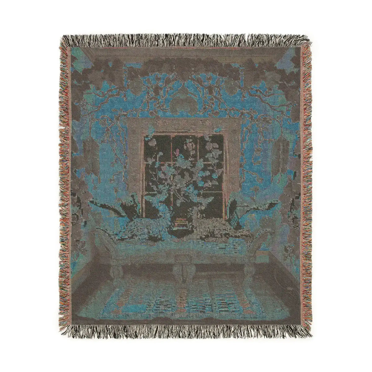 Square-format dark teal inverted woven tapestry of cats on an ornate chaise in a botanical room with fringe on the Vibrant Floral and Feline Woven Blanket