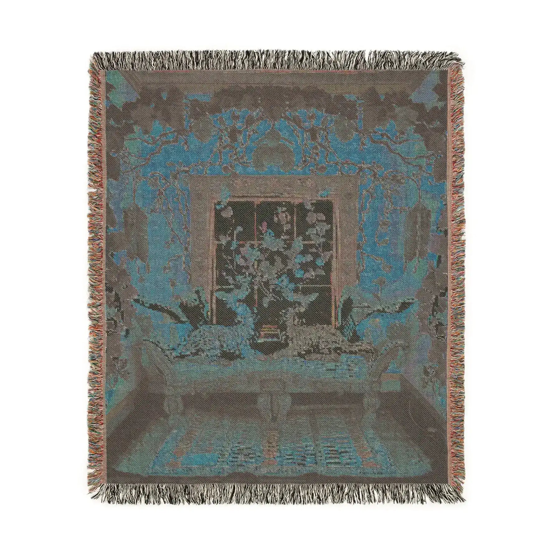 Square-format dark teal inverted woven tapestry of cats on an ornate chaise in a botanical room with fringe on the Vibrant Floral and Feline Woven Blanket