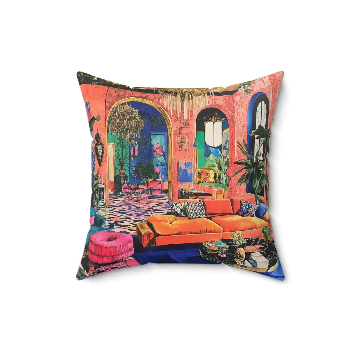 Square throw pillow maximalist coral interior print orange sofa chandelier arched windows angled right