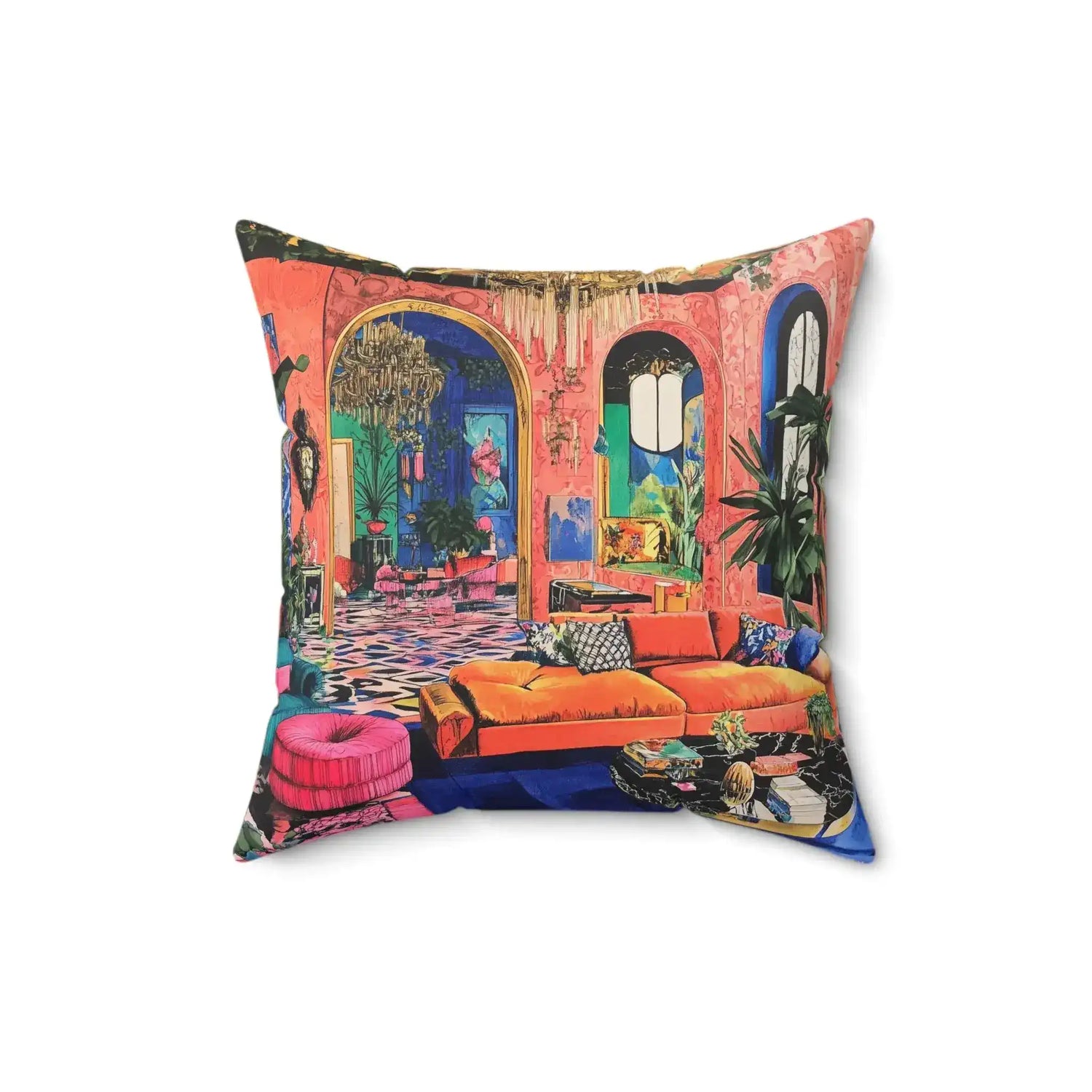 Square throw pillow maximalist coral interior print orange sofa chandelier arched windows angled right