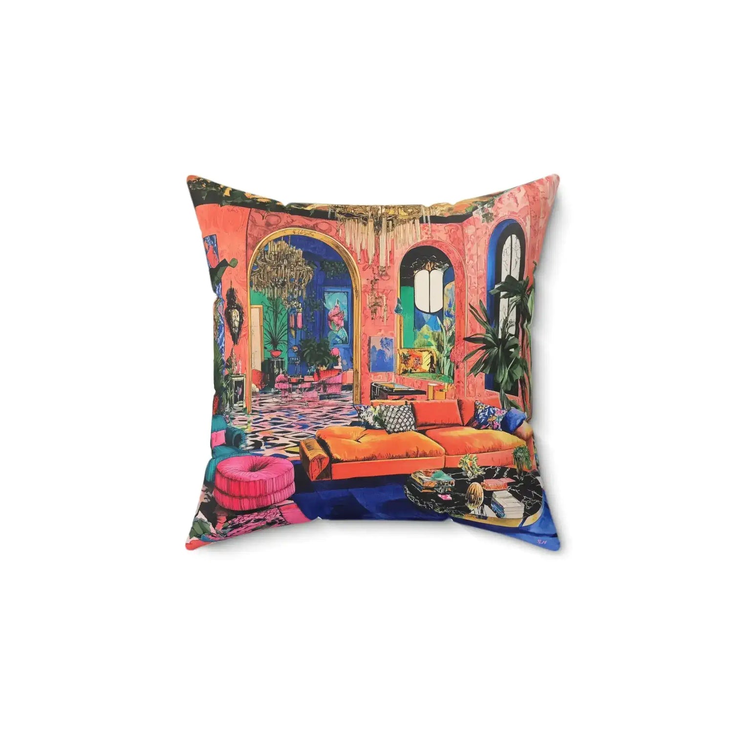 Square throw pillow printed with maximalist coral pink room scene orange velvet sofa arched doorways plants