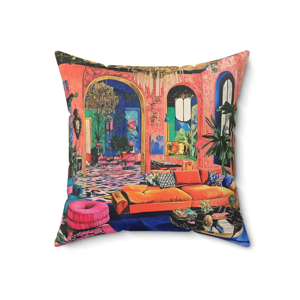 Square throw pillow bold pink interior scene orange sofa plants tropical arched windows angled left