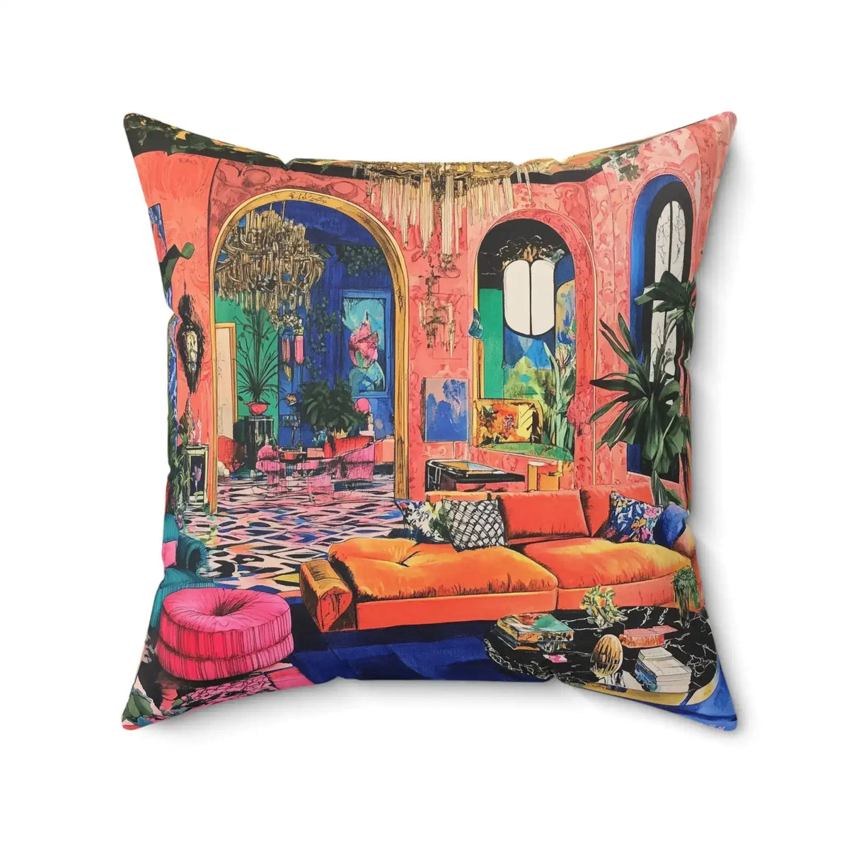 Square throw pillow maximalist pink room mural print arched doorway orange couch chandelier close-up