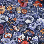 A close-up view of the Vibrant Floral Medley Hand Tufted Area Rug, showcasing a rich tapestry of colorful flowers on a deep blue background. Ideal for large living rooms, this wool rug adds a touch of elegance and warmth to any living room space, perfect for those seeking a beautiful floral rug to enhance their living room area.