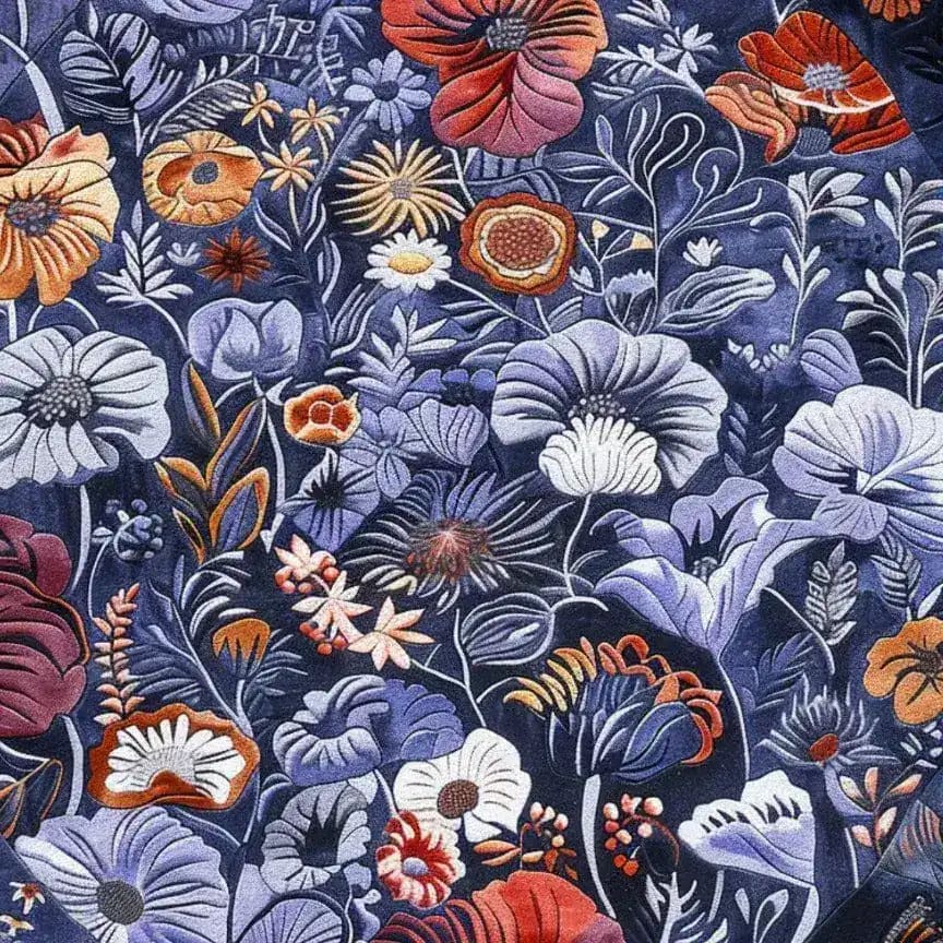 A close-up view of the Vibrant Floral Medley Hand Tufted Area Rug, showcasing a rich tapestry of colorful flowers on a deep blue background. Ideal for large living rooms, this wool rug adds a touch of elegance and warmth to any living room space, perfect for those seeking a beautiful floral rug to enhance their living room area.